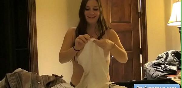  Sexy natural big tit brunette amateur Summer try different sexy dresses and reveal her naked hot body